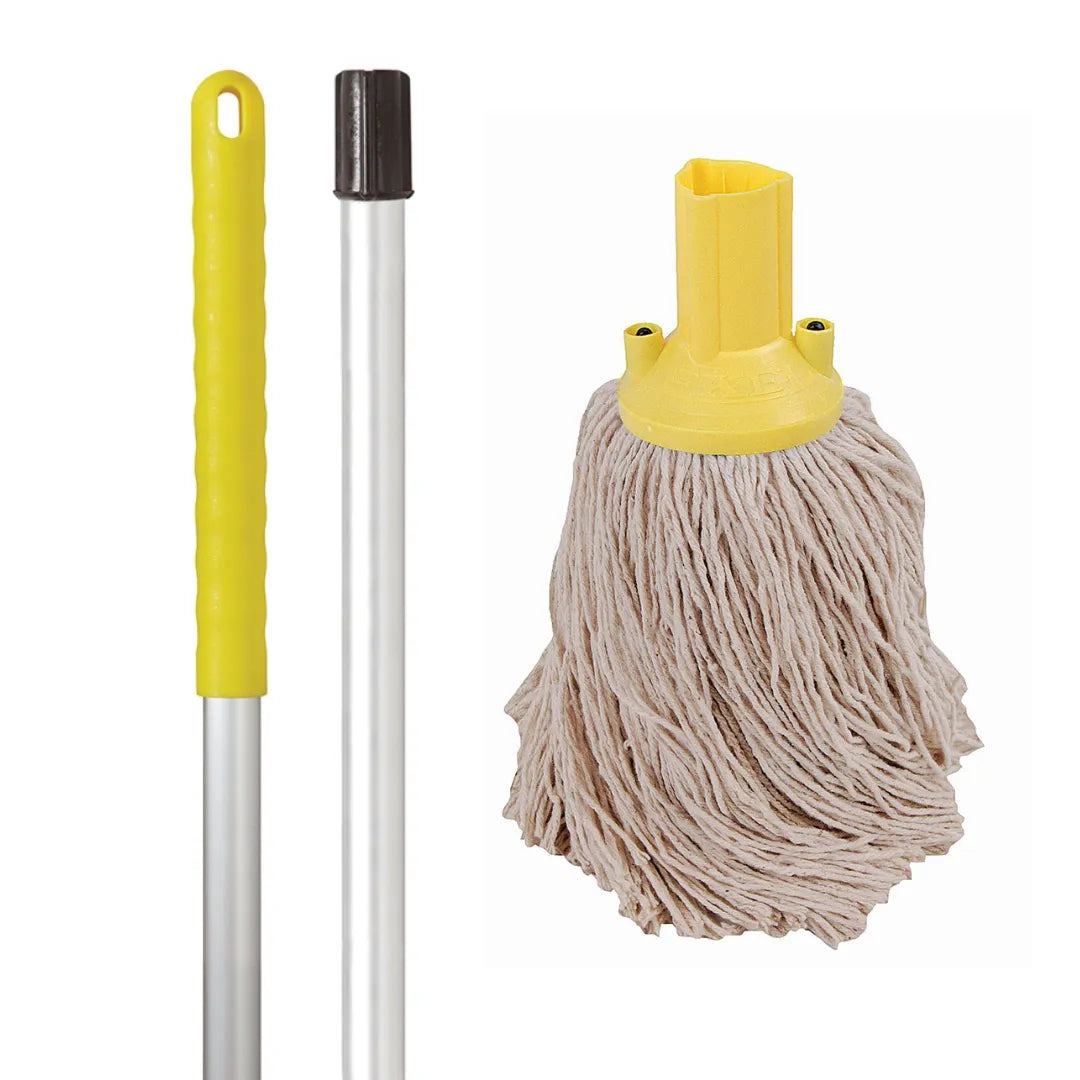 Yellow colour-coded cotton mop with aluminium handle for washrooms and designated hygiene zones
