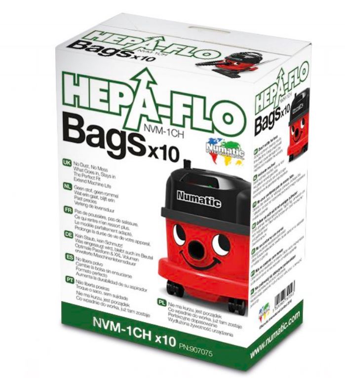 Side view of Henry NVM-1CH Hepa-Flo vacuum bags box showing 10-pack details