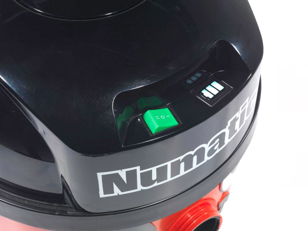 Close-up of the battery status lights on the Numatic NBV240NX cordless vacuum