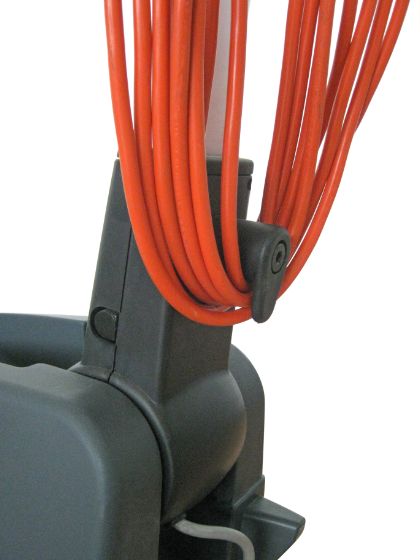 Power cable management and strain relief detail on the Nilfisk BU500 burnishing machine