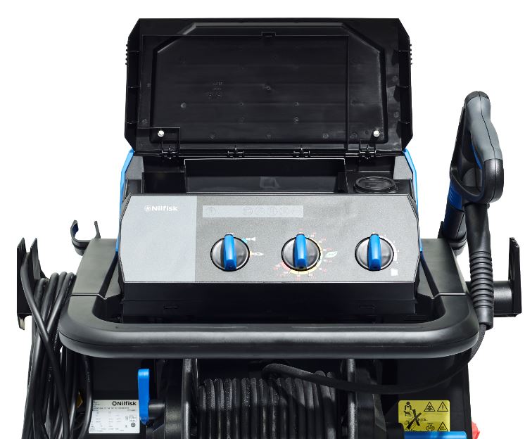 Control panel close-up of Nilfisk MH3C hot water power washer showing switches, temperature dial, and indicators