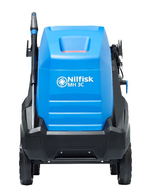 Front view of Nilfisk MH3C hot water pressure washer showing wheelbase and internal component access