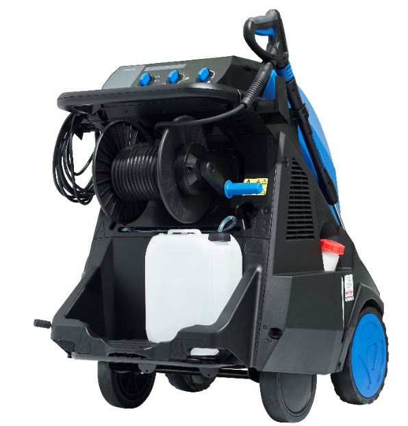 Rear view of Nilfisk MH3C hot water pressure washer showing wheelbase and internal component access