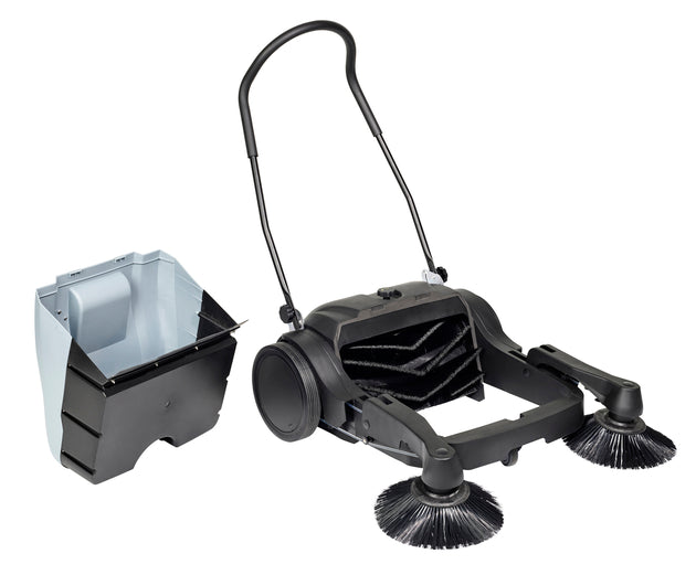 Nilfisk SW250 walk-behind sweeper with debris container removed, showing collection system