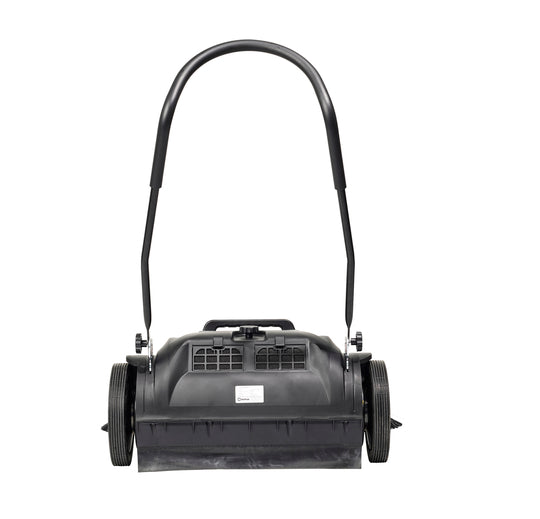 Rear view of Nilfisk SW250 push sweeper showing dual brushes and ergonomic handle design