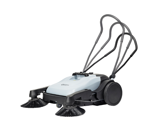 Side angle view of Nilfisk SW250 walk-behind sweeper showing dual side brushes and large rear wheels