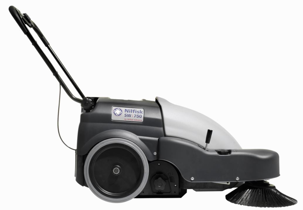Side profile of Nilfisk SW750 battery floor sweeper showing compact design and large rear wheels