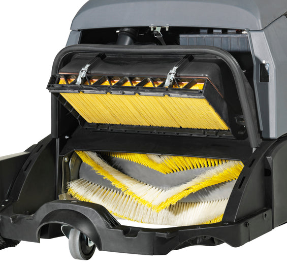 Close-up of Nilfisk SW900 brush and debris collection compartment for efficient sweeping performance