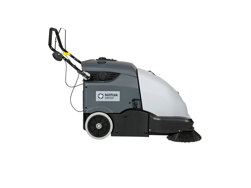 Side view of Nilfisk SW900 battery-powered floor sweeper showing ergonomic design and side brush