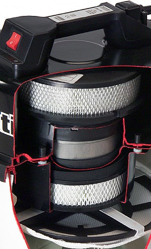 Cutaway view of Numatic CRQ370 HEPA H13 filter system showing multi-stage clean room filtration layers