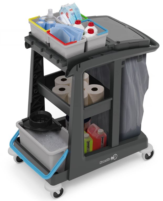 Fully equipped Numatic EM1 ECO-Matic eco janitorial cart with bins and accessories fitted