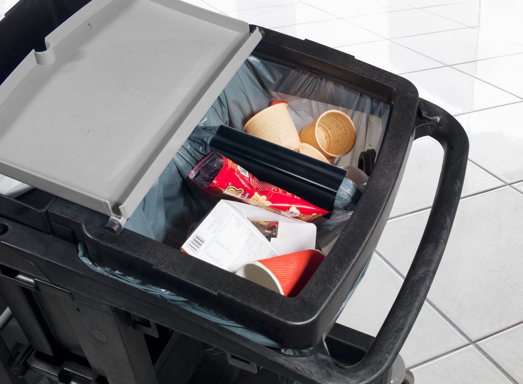 Close-up of top tray storage on Numatic EM1 ECO-Matic janitorial cleaning cart