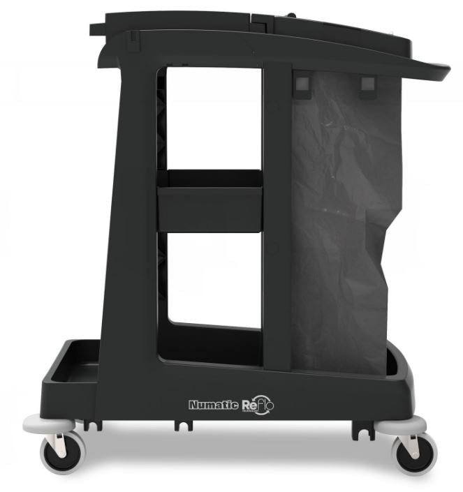 Rear view of Numatic EM1 ECO-Matic janitorial trolley showing compact frame and storage layout