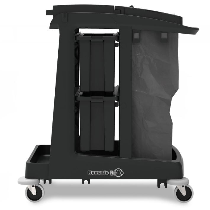 Rear view of Numatic EM2 ECO-Matic cleaning cart showing compact frame and bag holder