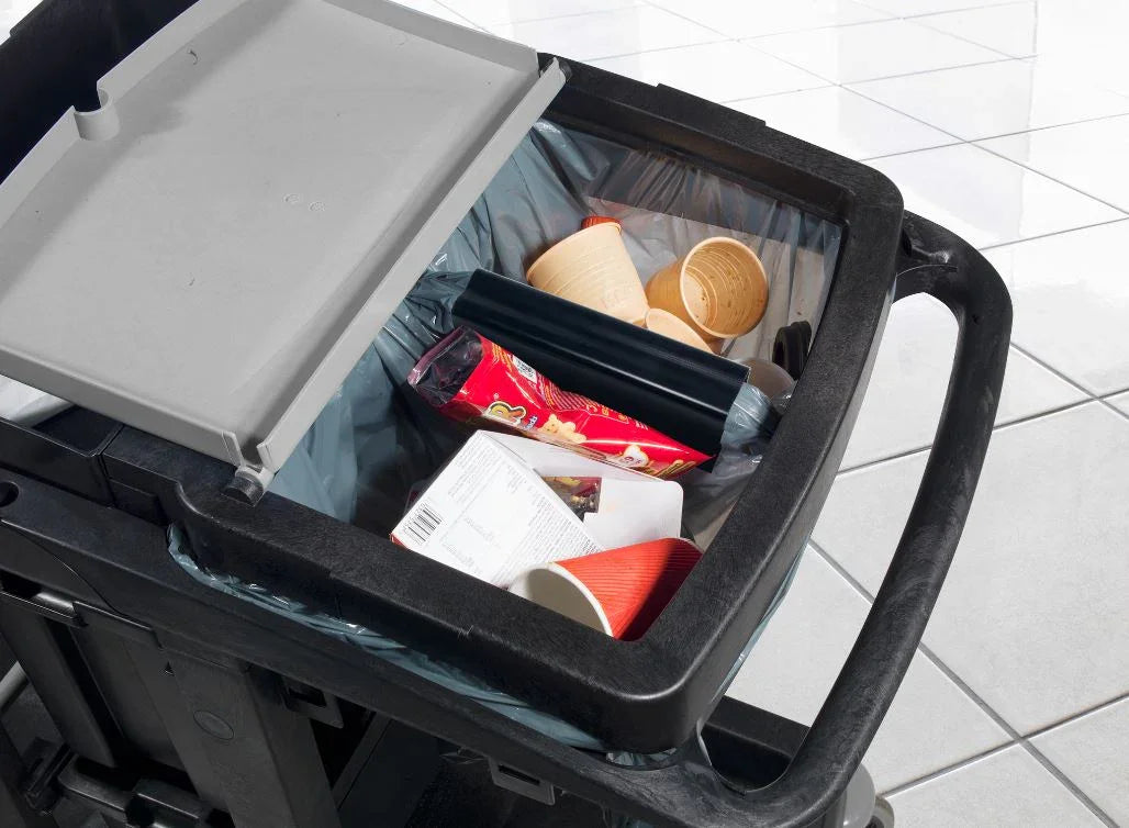 Top tray storage detail on Numatic EM2 ECO-Matic housekeeping trolley