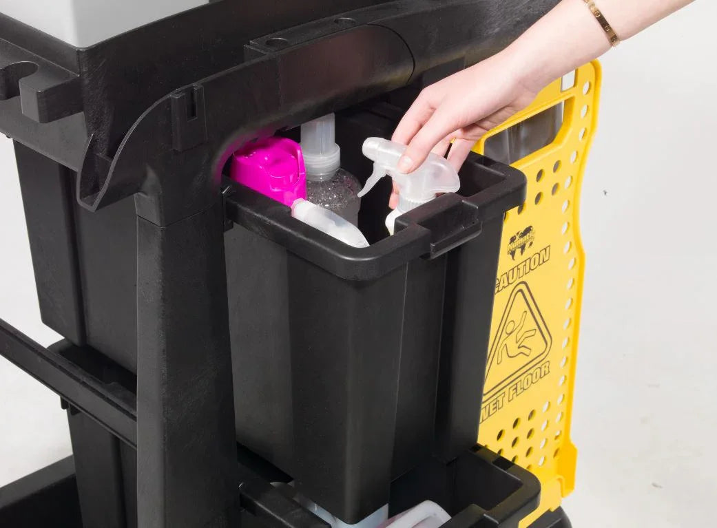 Side access to waste bag compartment on Numatic EM2 ECO-Matic contract cleaning cart