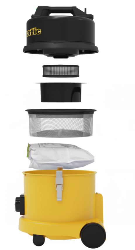 Exploded filter stack view of Numatic HZ370 showing multi-stage HEPA filtration and sealed dust chamber