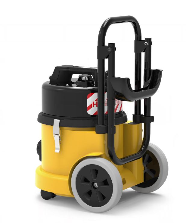 Side profile of Numatic HZ390L H-Class vacuum showing large wheels and folding transport handle