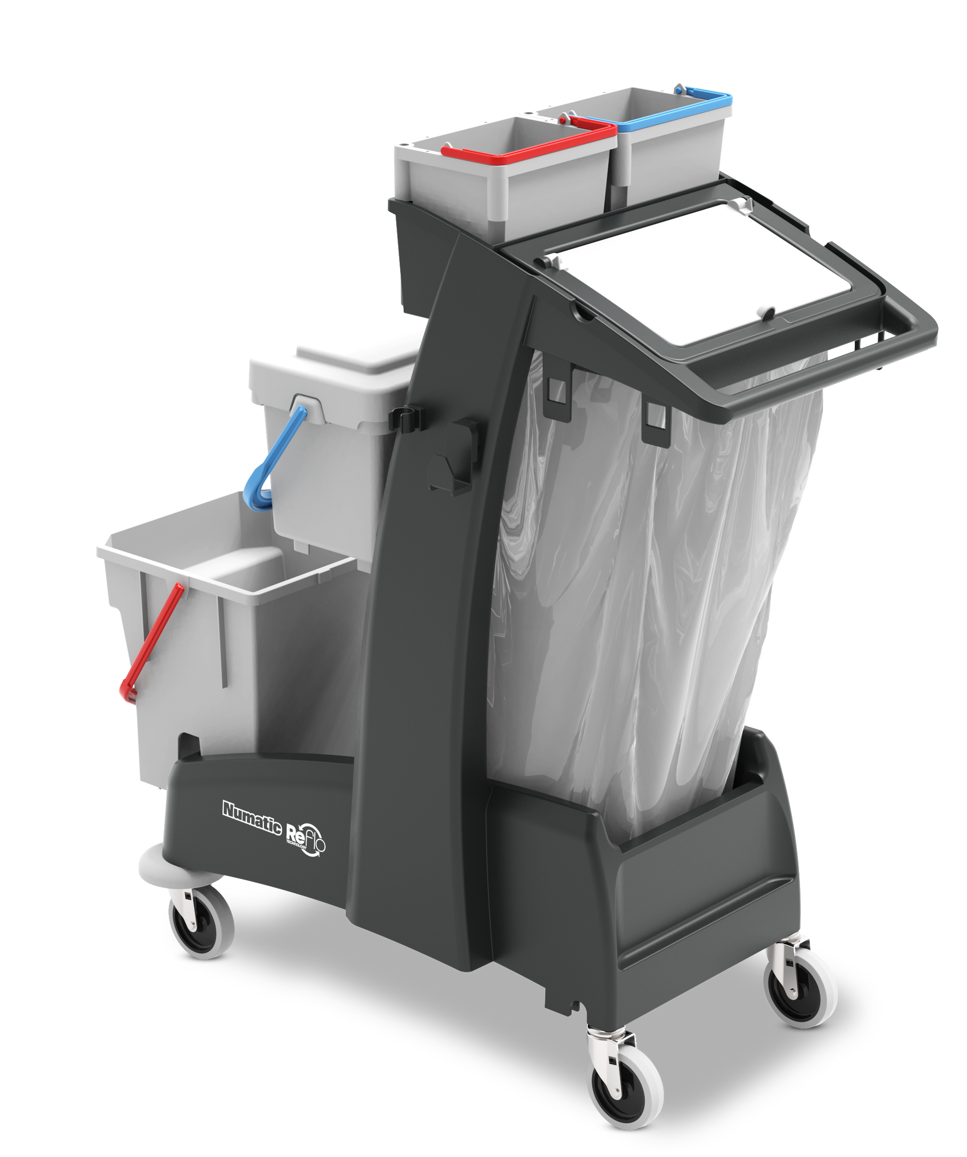 Rear view of Numatic MM8 Multi-Matic cleaning trolley showing compact mobile design