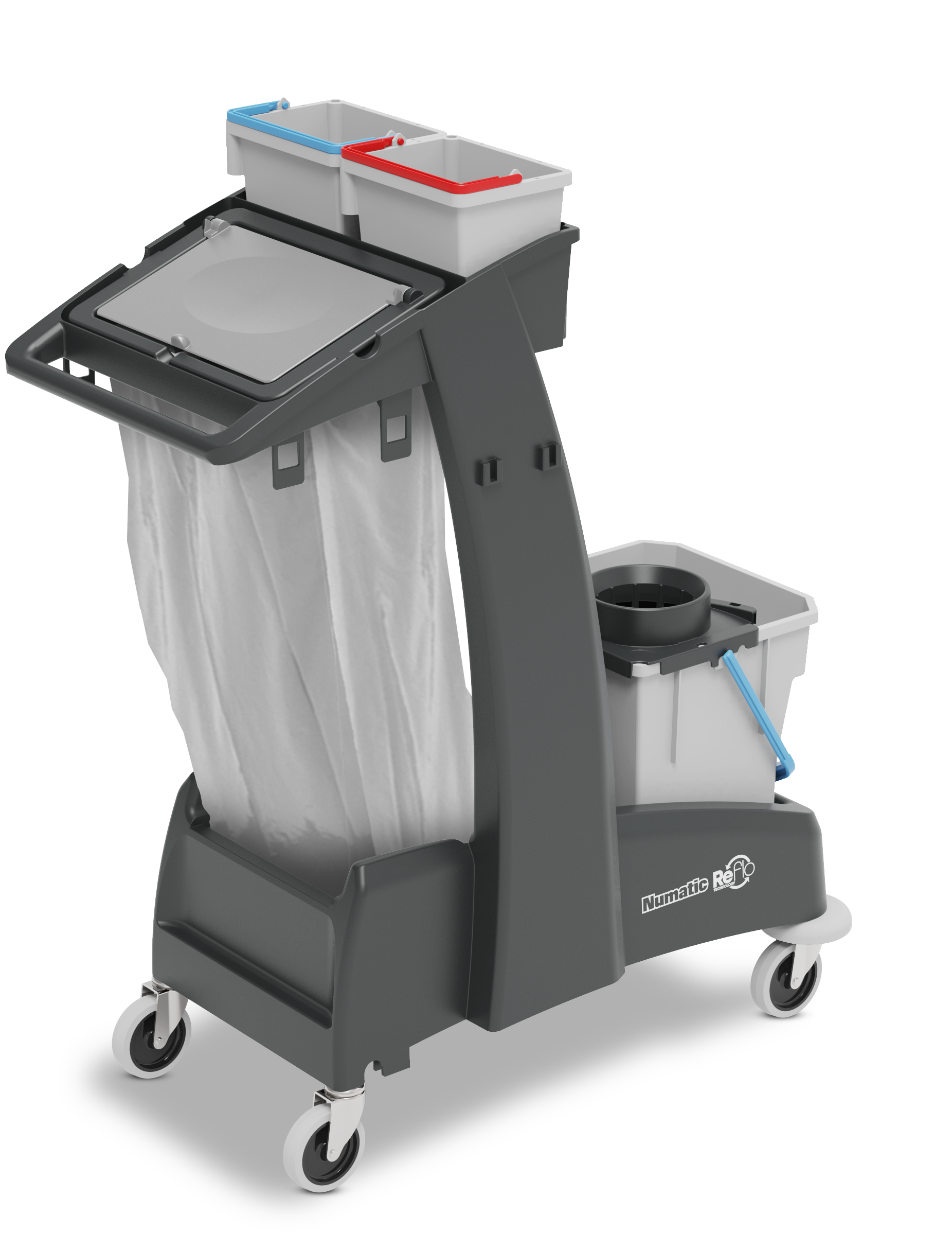 Compact profile of Numatic MM2 cleaning cart for professional housekeeping use