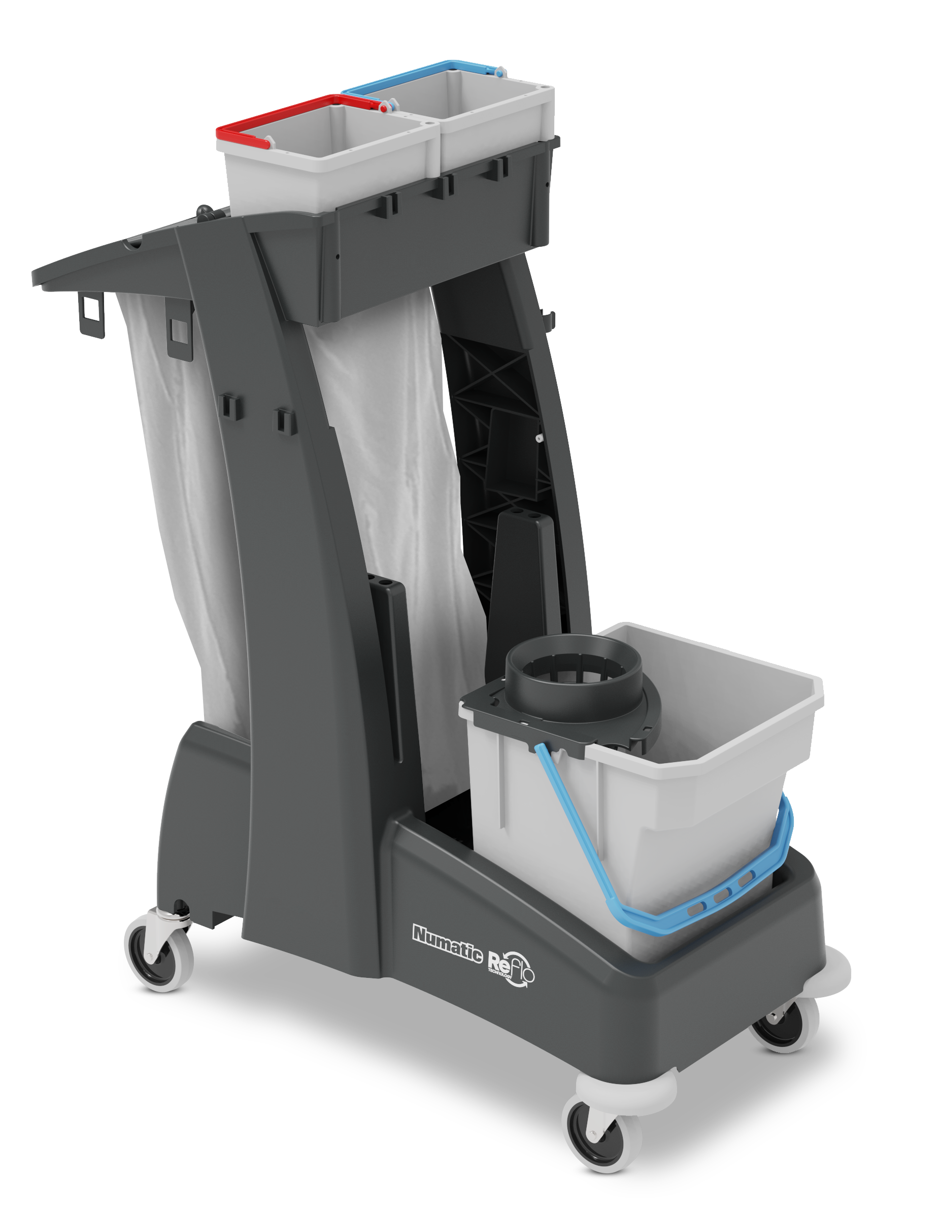 Front angled view of Numatic MM2 commercial cleaning trolley with storage bins