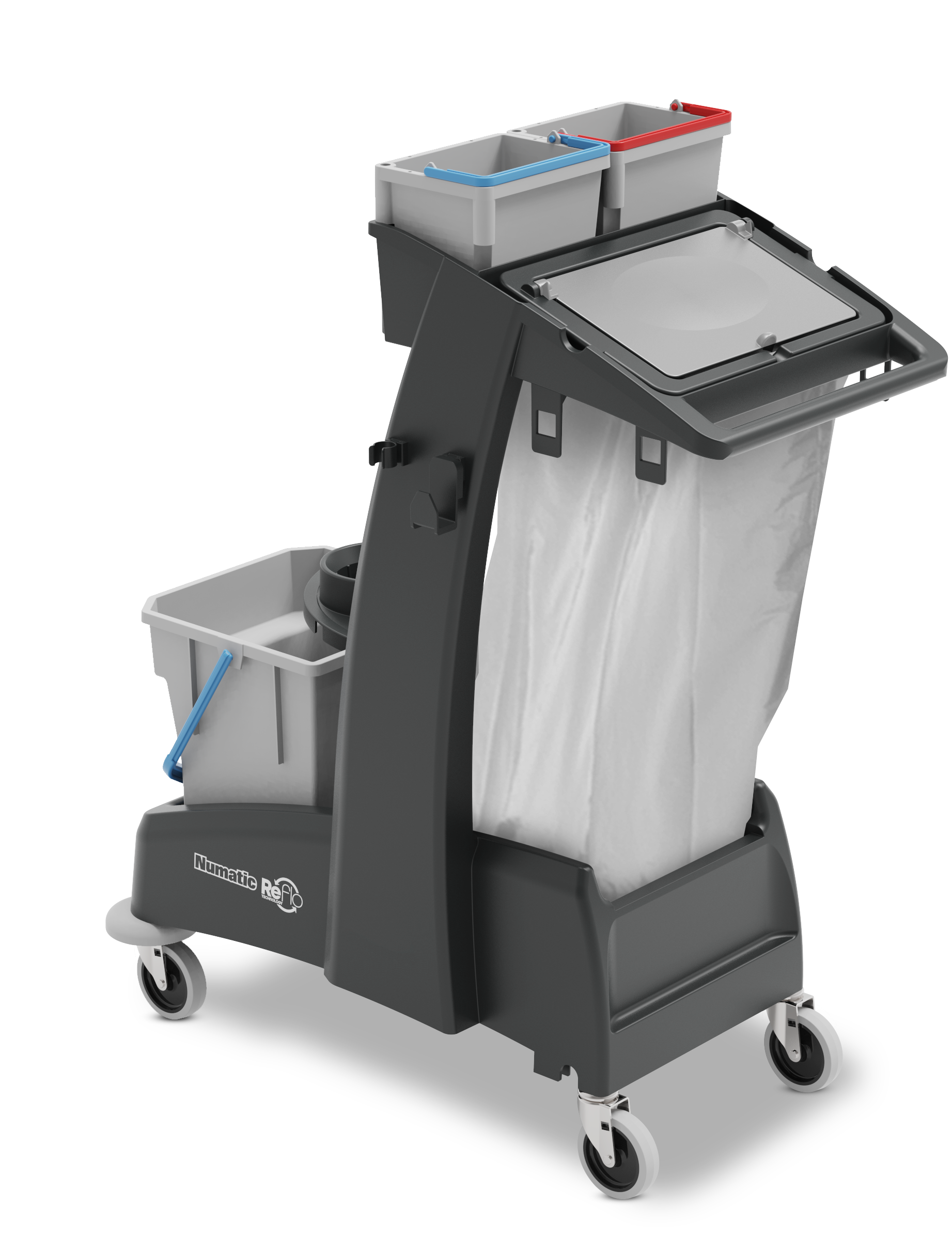 Rear side view of Numatic Multi-Matic MM2 janitorial trolley showing waste bag holder