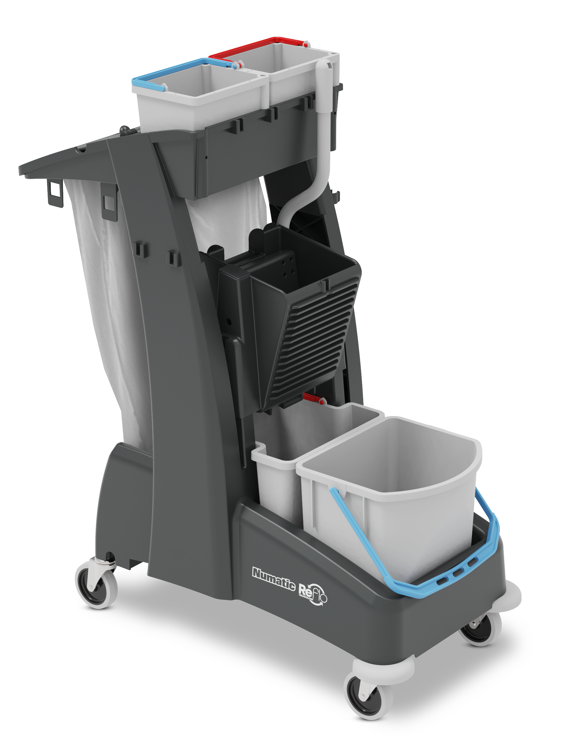 Front angled view of Numatic MM4 cleaning trolley with mop press and bucket system