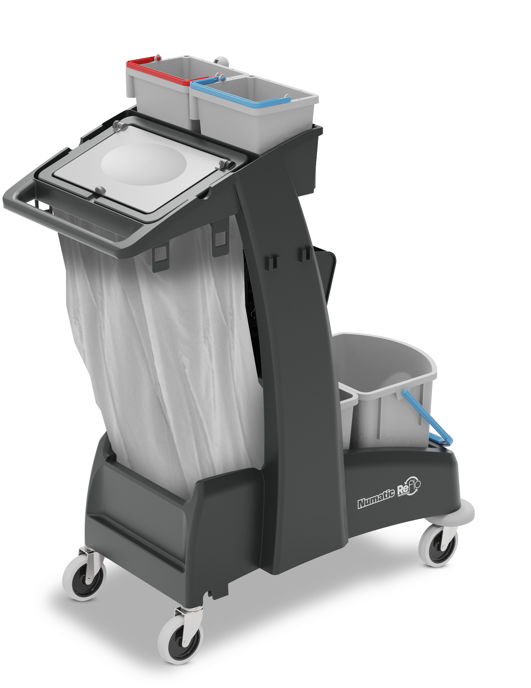 Rear view of Numatic MM4 janitorial trolley highlighting waste bag holder and frame