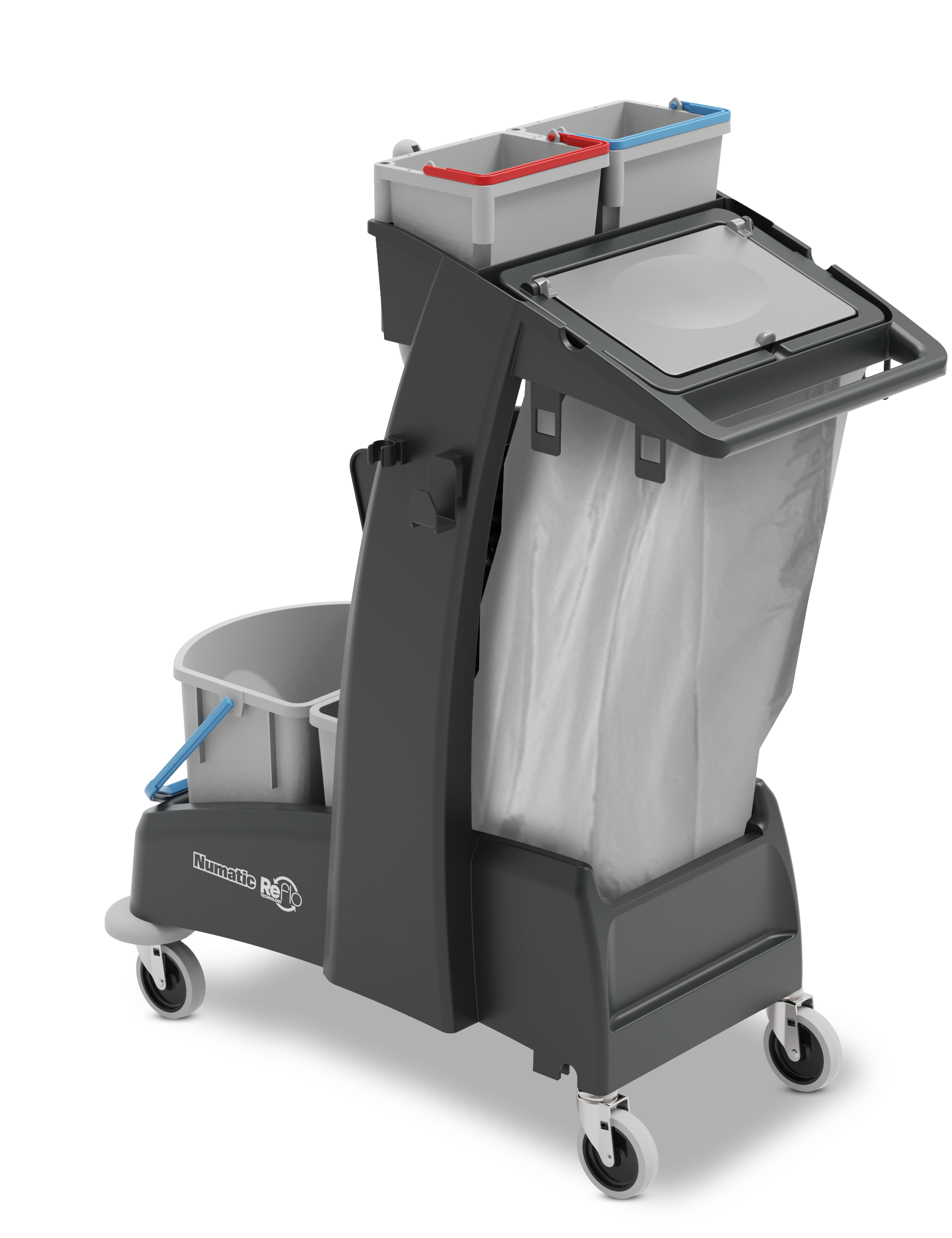 Side profile of Numatic Multi-Matic MM4 cleaning cart showing compact wheeled design