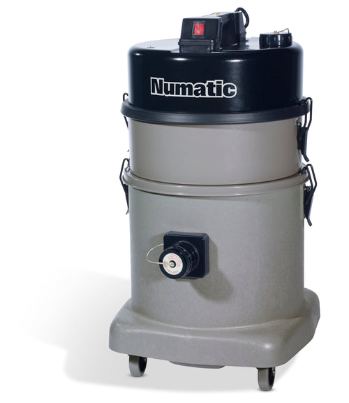 Front angle view of Numatic MV570 M-Class extractor showing drum, motor head and wheeled base