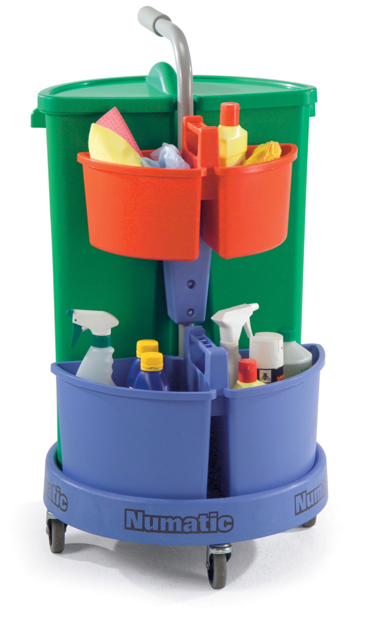 Fully equipped Numatic NC3R carousel cleaning cart with caddies and storage bins for janitorial use