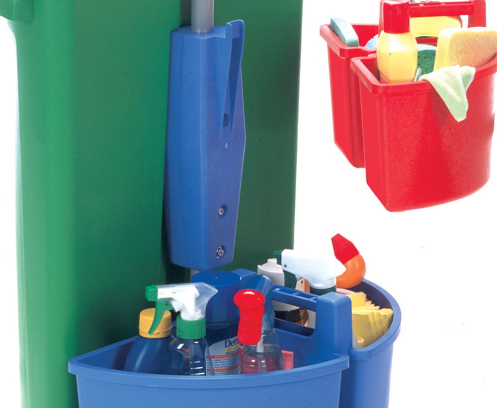 Close-up of colour-coded caddies and storage compartments on Numatic NC3R compact cleaning trolley