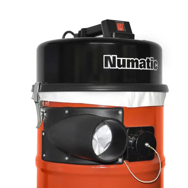 Side profile of the Numatic NVD750S workshop vacuum showing inlet port and heavy-duty construction