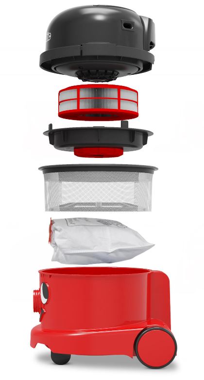 Exploded view of Numatic PPR170H showing multi-stage HEPA H13 filter system and dust containment layers