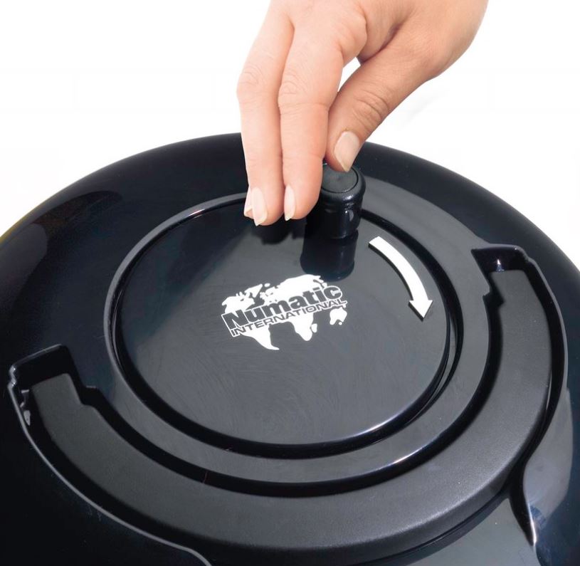 Close-up of Numatic PPR170H vacuum lid showing rewind reel and sealed HEPA filter housing