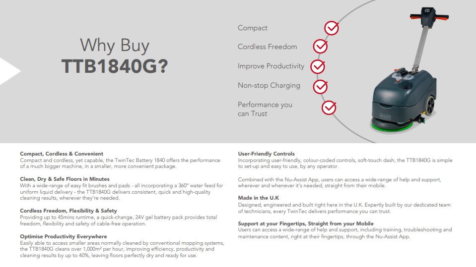 TTB1840G Micro Twintec Scrubber Dryer Battery Powered - Numatic