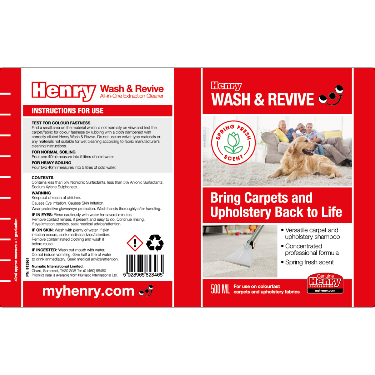 Numatic Henry Wash & Revive 1L Carpet Cleaning Fluid Low Foam